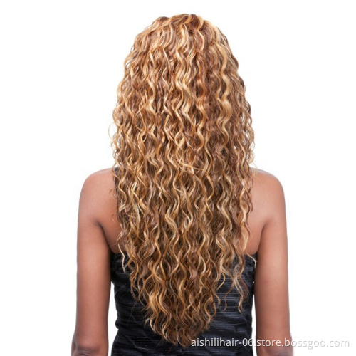 Aishili wholesale gold and brown long synthetic wigs water wave and kinky straight hair synthetic hair wigs for black woman